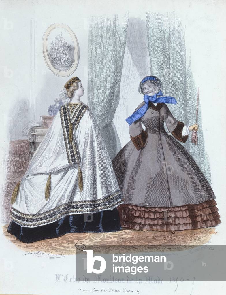 Women in cape and coat, fashion plate from 'L'Echo du Moniteur de la Mode', 1856-7