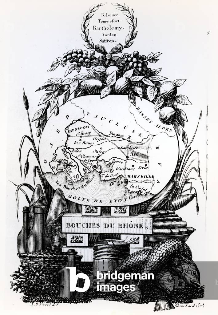 Allegorical map of the Bouches-du-Rhone department, c.1830 (engraving)
