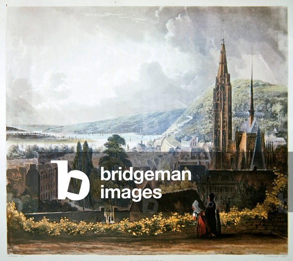 Caudebec, from 'Views on the Seine', engraved by Thomas Sutherland (b.1785) published by R. Ackermann (1764-1834) 1821 (colour litho)