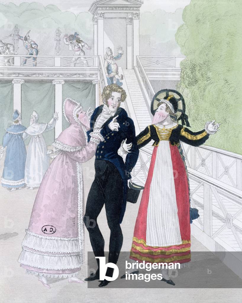 A dandy being courted by two masked women, from the series Le Bon Genre (hand-coloured engraving)