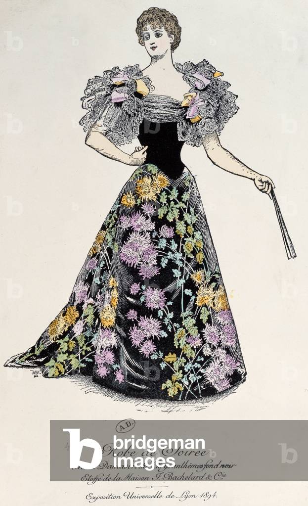 Evening dress in damask with chrysanthemum brocade on a black background, 1894 (colour litho)
