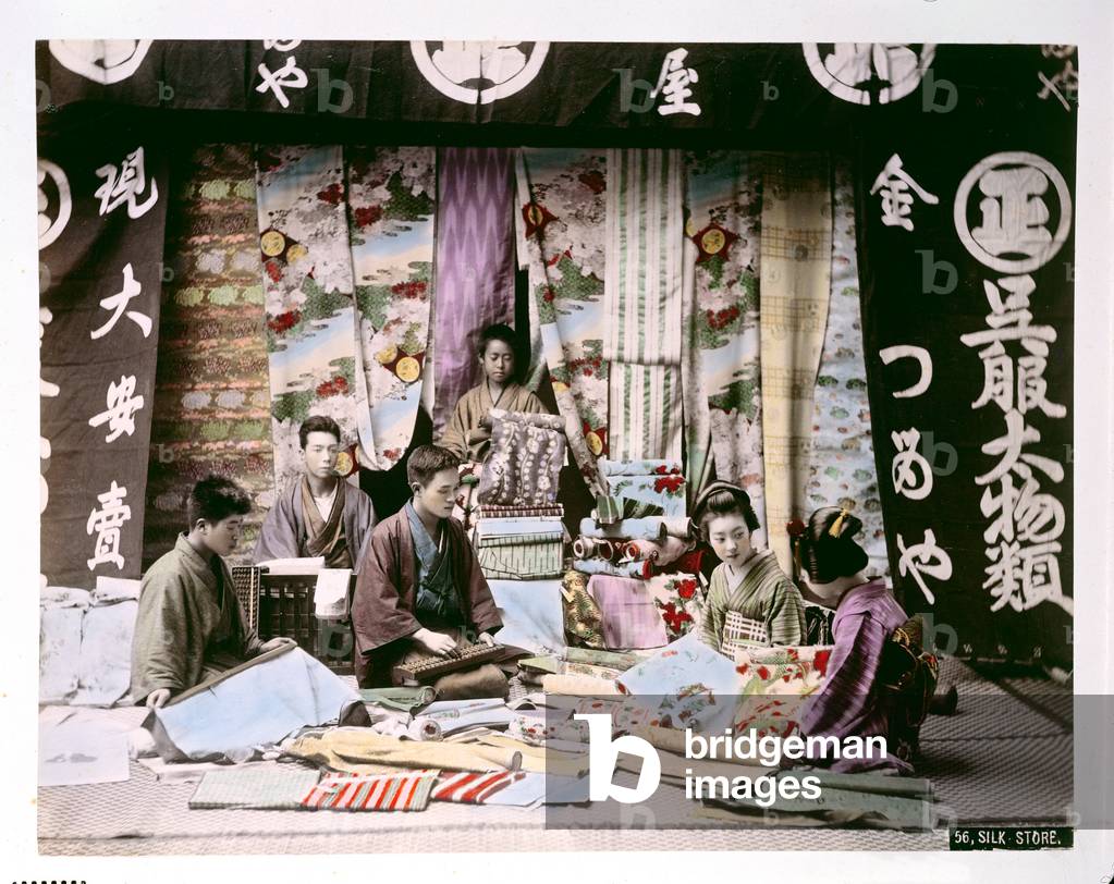 Japanese Silk and Fabric Shop, c.1900 (hand coloured photo)