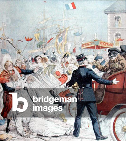 A Procession Thrown into Chaos by a Car at Boulogne-sur-Mer, from 'Le Petit Journal', 6th September 1903 (colour litho)