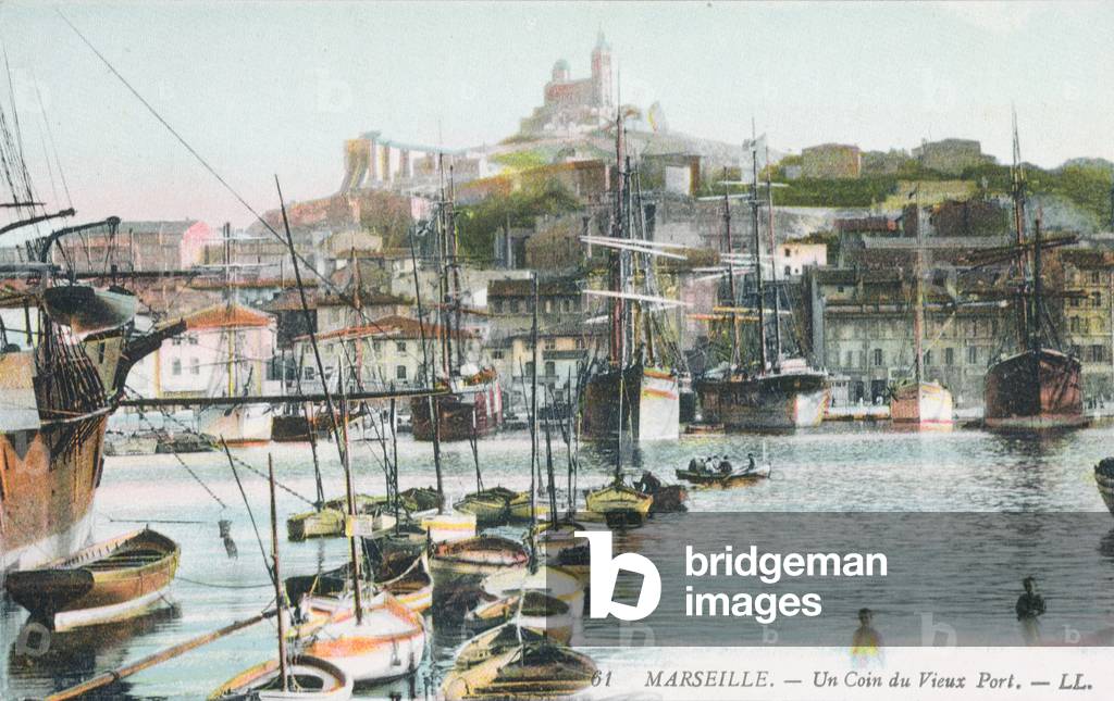 A corner of the Old Port, with Notre Dame de la Garde in the background, Marseille (coloured photo)
