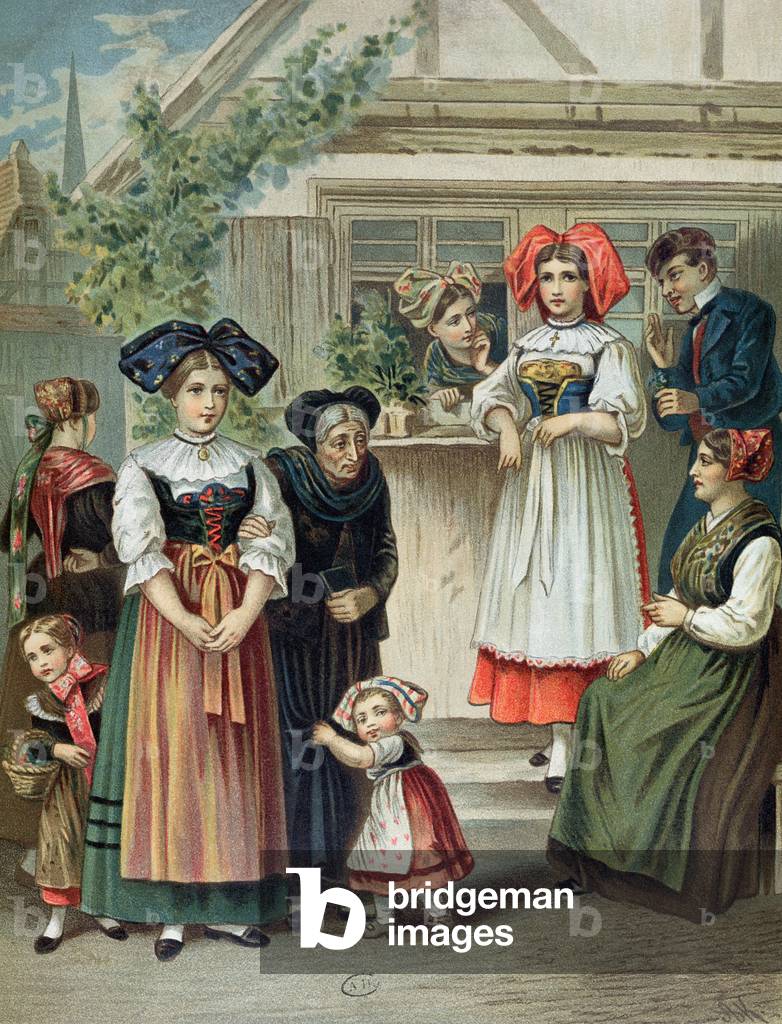 Traditional costumes of the Strasbourg region, c. 1870-80 (colour litho)