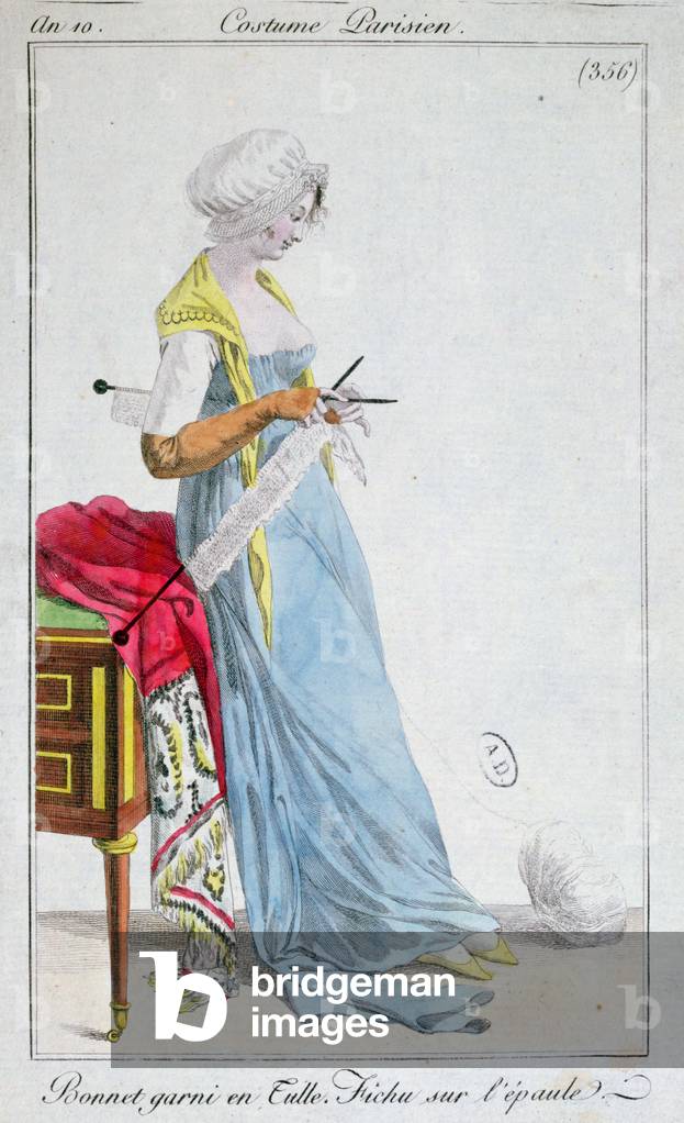 Parisian costume: bonnet trimmed with tulle, fichu on the shoulders, 1802 (coloured engraving)