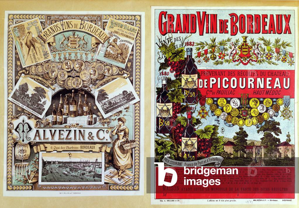 Two advertisements for 'Malevezin and Company' distributors and the 'Chateau de Picourneau' vineyard, from the Bordeaux region, late 19th century (colour litho)