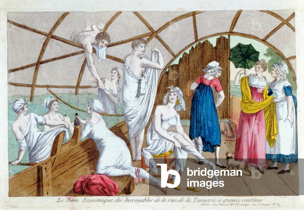 Image of Engraving depicting The Economical Baths of the 'Incroyables' at Rue de la Tannerie, 19th century by 