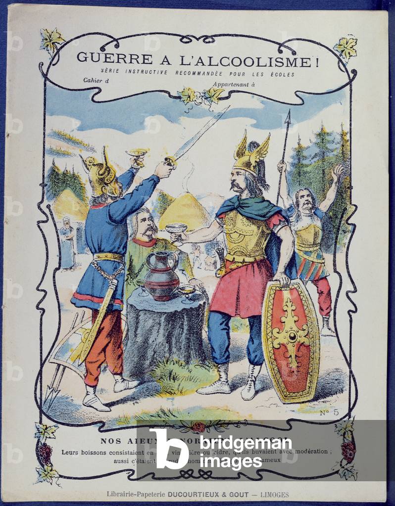 'Fight Against Alcoholism!', an illustration of Gaulish warriors from a protective sleeve for school books, late 19th century (colour litho)