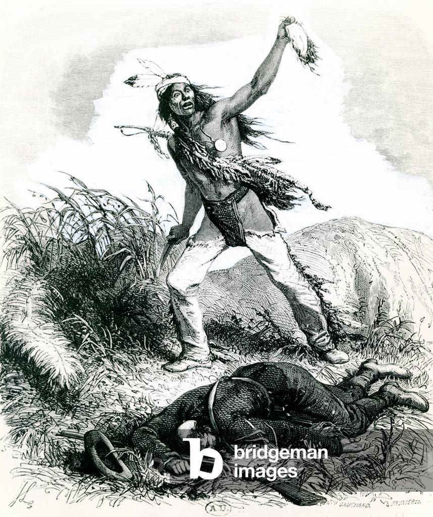 Indian Scalping the Dead Enemy, 1867 (engraving) (b/w photo)
