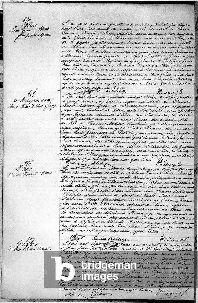Page with the Death Certificate of Guy de Maupassant (1850-93) 7th July 1893 (pen and ink on paper) (b/w photo) (see 199748 for detail)