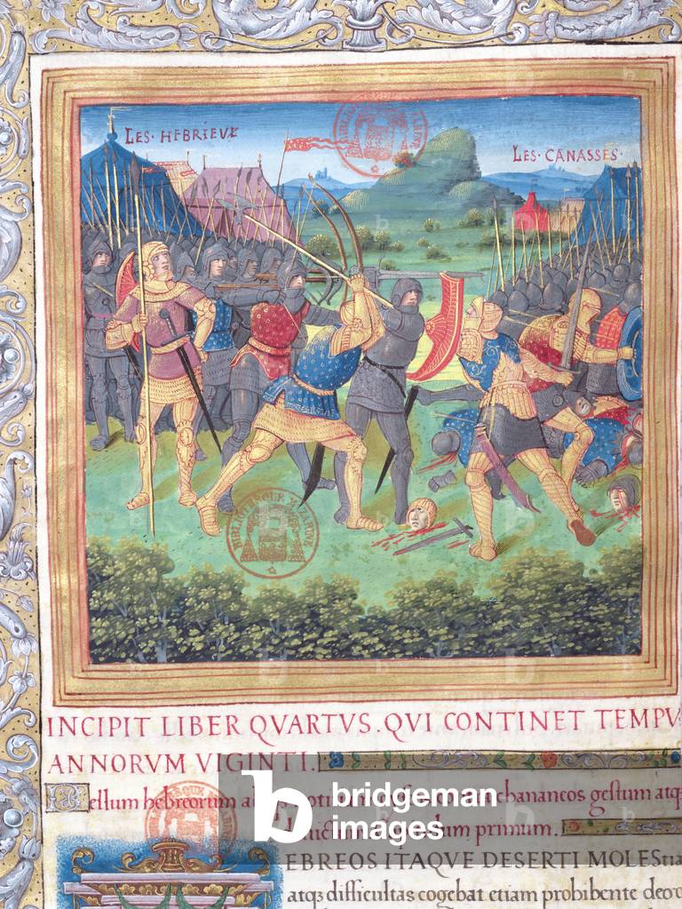 Ms. 1581 f. 071  Illustration from Book IV ('From the Rejection of that Generation to the Death of Moses'), Chapter 1 of the 'Antiquities of the Jews' ('Antiquitates Judaicae') by Flavius Josephus -' Fight of the Hebrews with the Canaanites without the consent of Moses and their defeat', c.1503 (vellum) (see also 694956)



