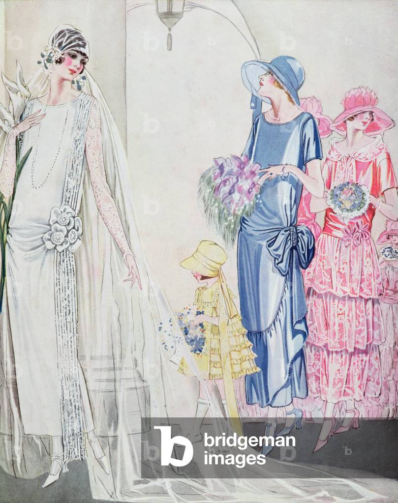 Wedding dress and bridesmaids' dresses, from 'Le Miroir des Modes', April 1924 (colour engraving)