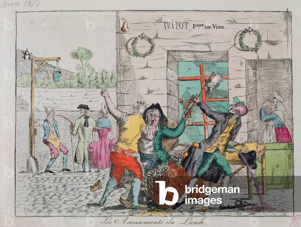 Monday's amusements at a drinking dive, early 19th century (colour litho)