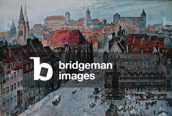 The Hauptmarkt, Nuremburg, 1908 (colour litho)