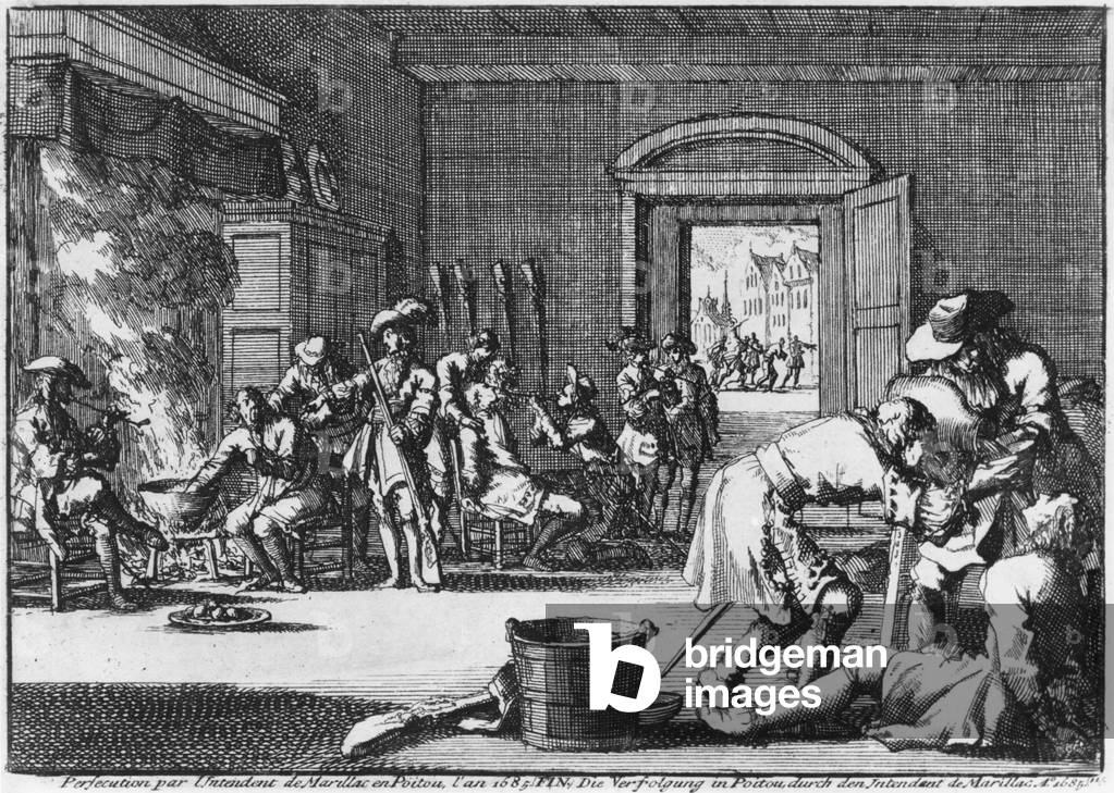 "Intendant de Marillac perseguitando i protestanti a Poitou nel 1685", 1686 di Dutch School, b/w