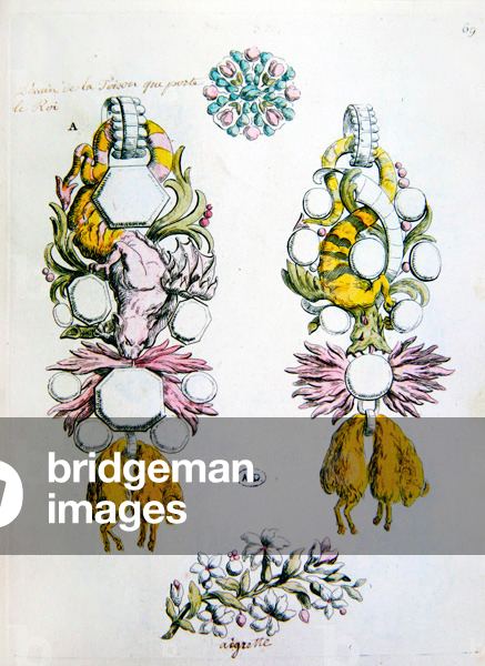 Designs for a brooch, an aigrette and for the chivalric order of the Golden Fleece (Toison d'Or), 1762 (colour engraving)