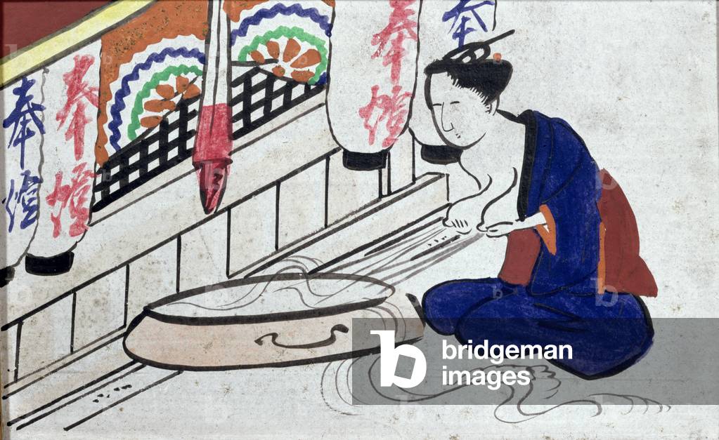 Ema (votive plaque) depicting a woman expressing milk (pen & ink on paper)
