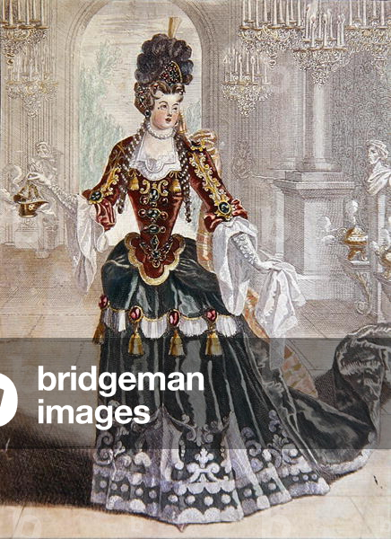 Mademoiselle Desmatins in the role of Psyche in Lully's opera, c.1703 (colour engraving)