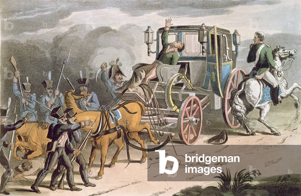 The Capture of Bonaparte's Carriage at Waterloo, 18th June 1815, 1816 (coloured engraving)