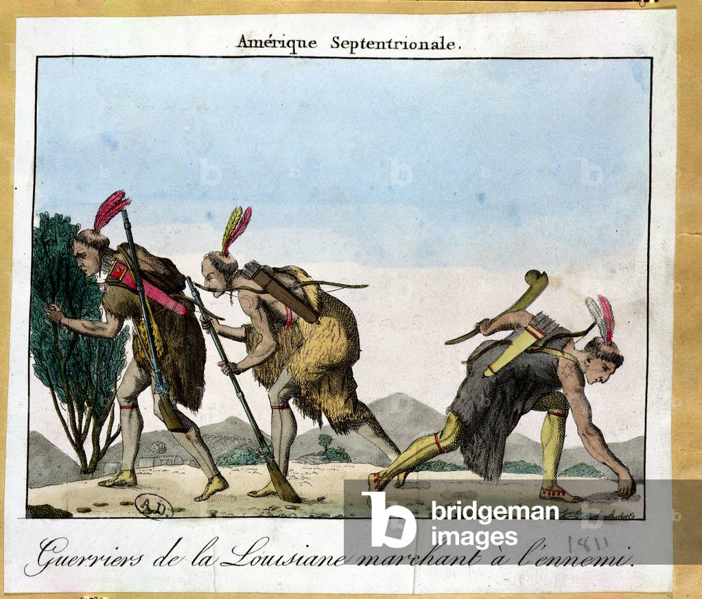 Louisiana indians tracking their enemy, c.1811 (coloured engraving)