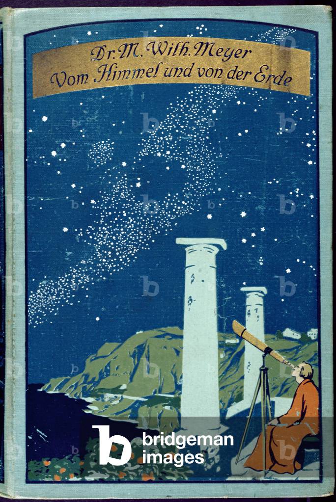 Astronomo osservando la Via Lattea, copertina di un libro di astronomia, 'Heaven & Eart', di W. Meyer, pubblic