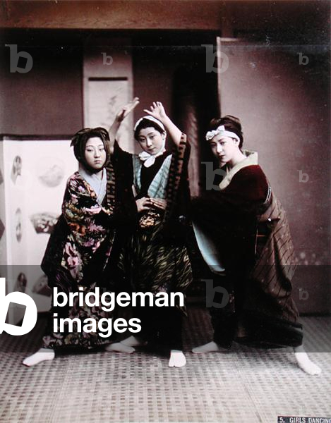 Young Japanese Girls Dancing, c.1900 (hand coloured photo)
