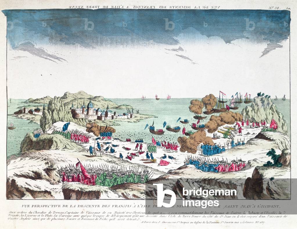 The French raid on St. John in Newfoundland on 2nd June 1762 under the command of Chevalier du Ternay (1722-80), end eighteenth century (colour litho)