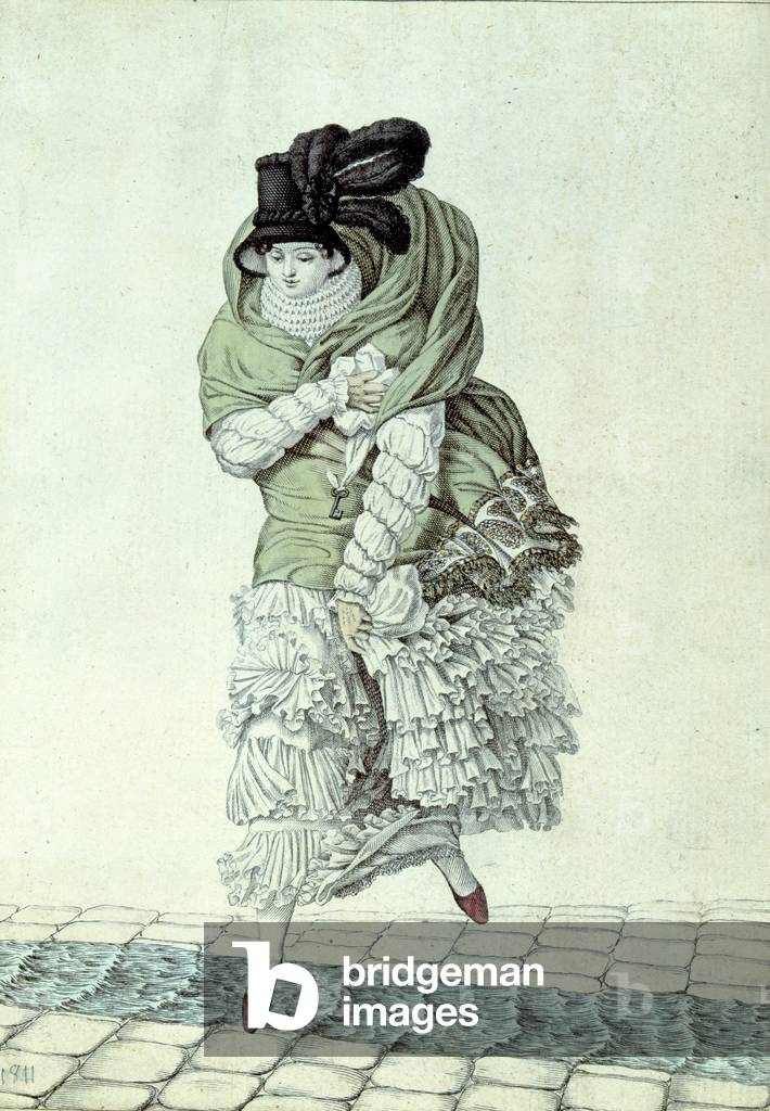 Fashion plate depicting a lady crossing a sewage stream, 1811 (colour engraving)