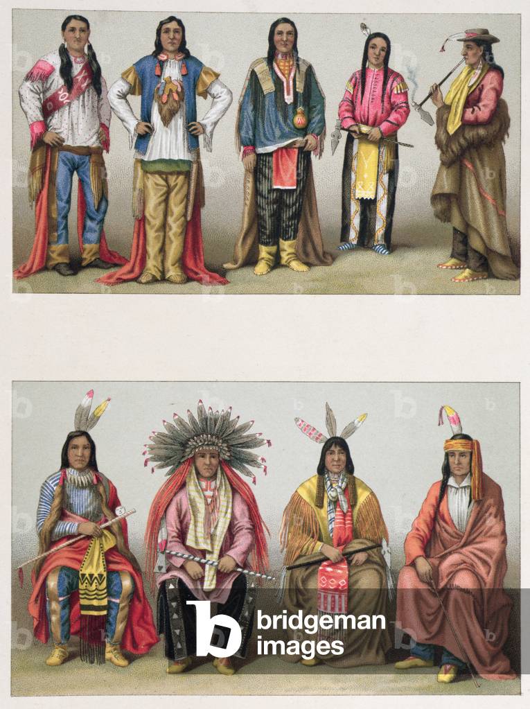 Native Americans from the Mississippi Basin and from Colorado, illustration from  'Le Costume Historique' by A. Racinet, published in Paris 1888 (colour litho)