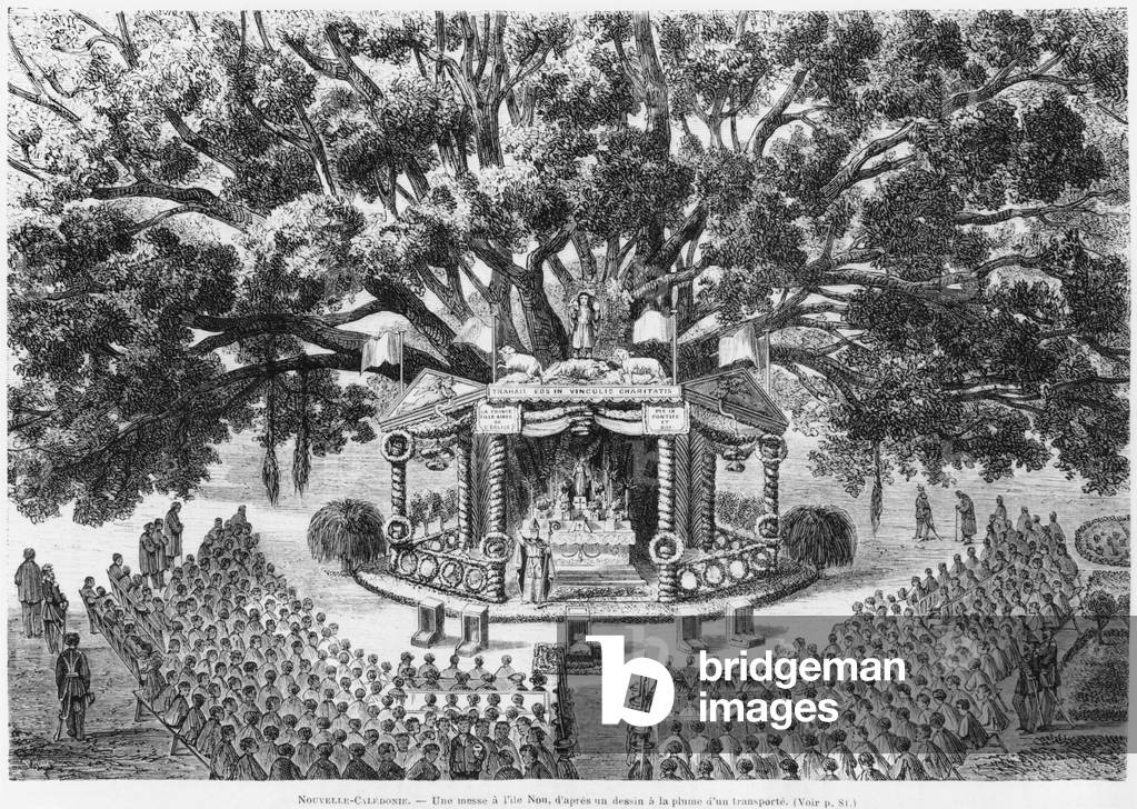 New Caledonia, celebrating mass on the isle of Nou, after a pen and ink drawing of a transported, illustration from the bulletin 'Les Missions Catholiques', 1875 (engraving)