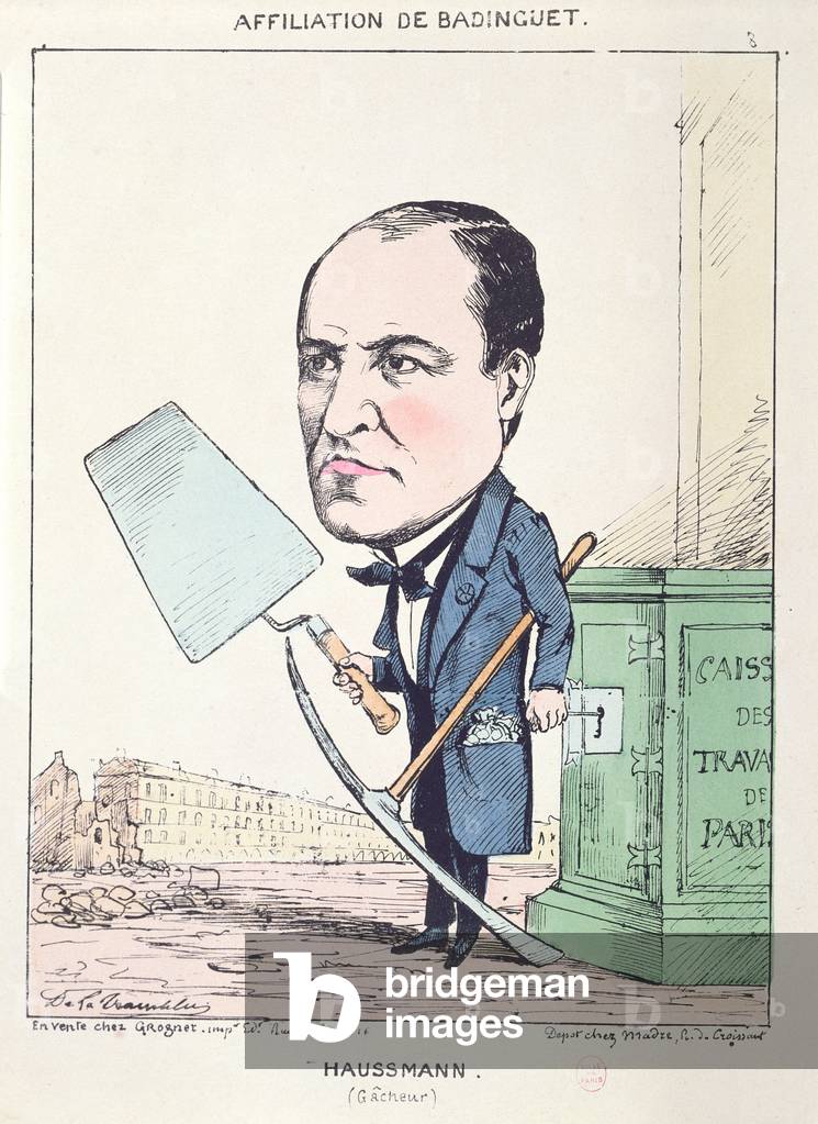 Caricature of Baron Georges Eugene Haussmann (1809-91) as a builder's mate, c.1870 (litho)