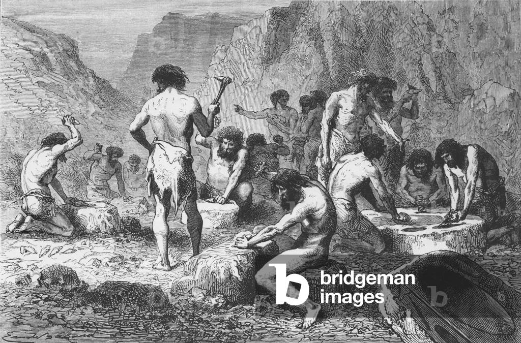 Making and polishing silex at Pressigny, illustration from 'L'Homme Primitif' by Louis Figuier, published by Hachette, 1870 (engraving) (b/w photo)
