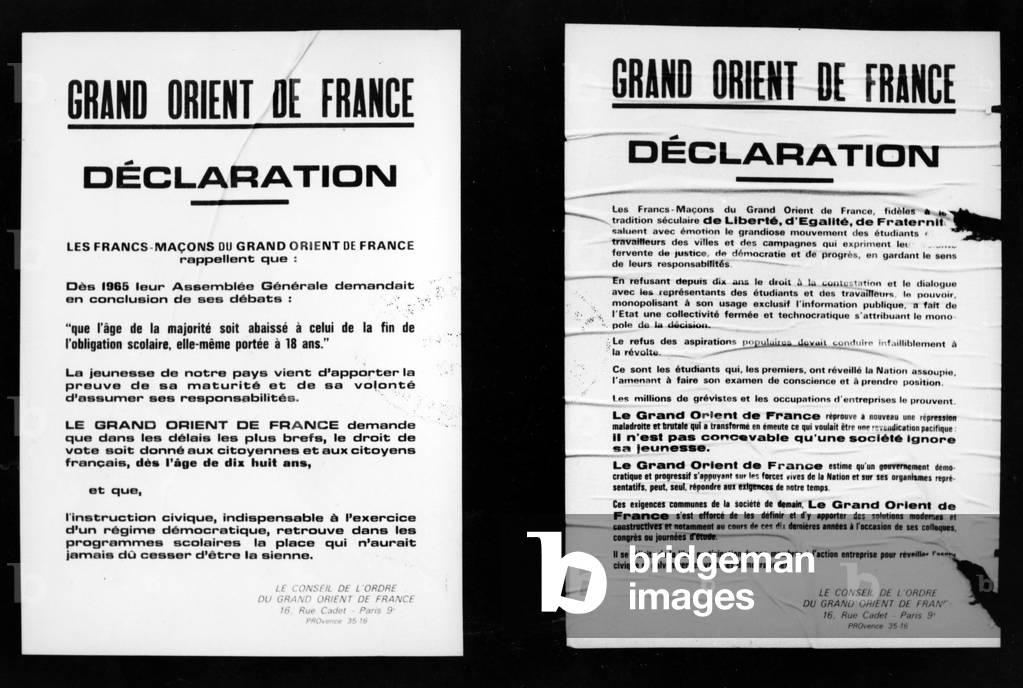 French Masonic poster of the Grand Orient de France Lodge supporting the students during May 1968 revolutionary events in Paris (printed paper)