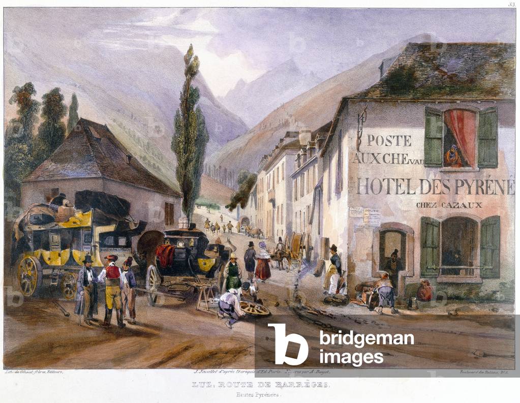 Arrival and Repair of a Stagecoach at Luz on the Road to Barreges, c.1840 (colour litho)