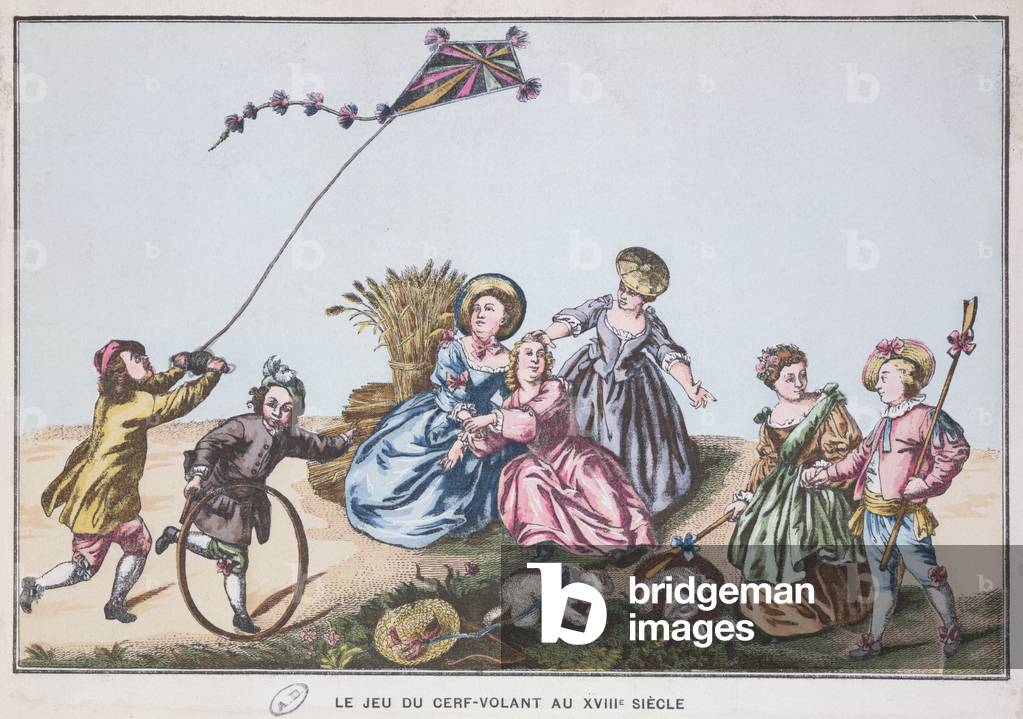 Flying a kite in the 18th century (colour engraving)