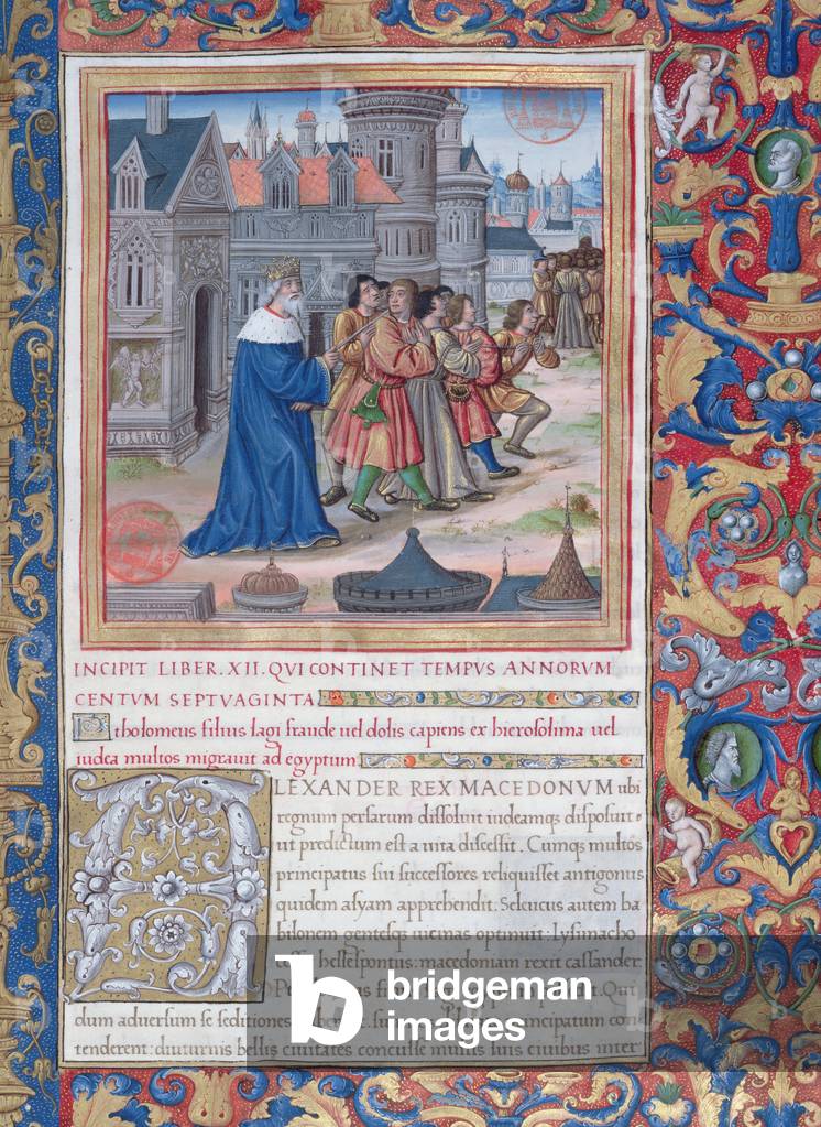 Ms. 1581 f. 228  Illustration from Book XII ('From the Death of Alexander the Great to the Death of Judas Maccabaeus'), Chapter 1 of the 'Antiquities of the Jews' ('Antiquitates Judaicae') by Flavius Josephus - 'How Ptolemy the son of Lagus took Jerusalem and Judaea by deceit and treachery and sent many captives to Egypt', c.1503 (vellum) (see also 694959)
