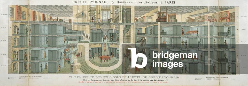 Cross-section of the basement of the Credit Lyonnais, 19 Boulevard des Italiens, c.1878-82 (coloured engraving)