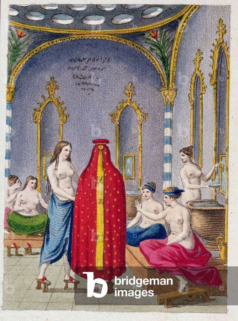 Hammam in Turkey, illustrated plate from 'Moeurs, usages et costumes des ottomans' by A. Castellan, Paris, c.1810 (coloured engraving)