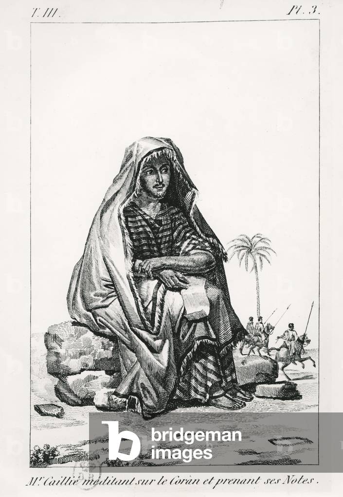 Rene Caille pondering over the Koran and taking notes, from 'Journal d'un voyage a Tombouctou' by Rene Caillie (1799-1838), 1830 (engraving) (b/w photo)