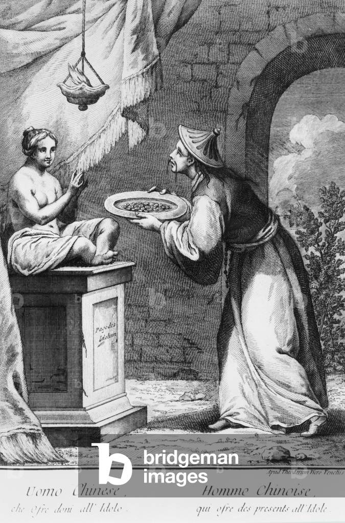 Chinese man offers gifts to an idol (engraving) (b/w photo)