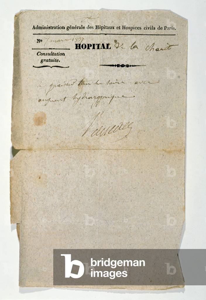 Free prescription from the Hopital de la Charite, Paris, 7th March 1837 (pen & ink on paper)