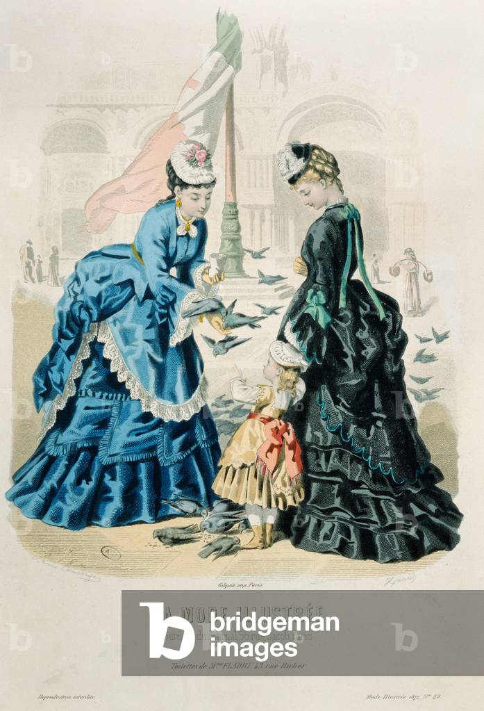 Women and a child feeding the pigeons, from 'La Mode Illustrée', 1872 (coloured engraving)