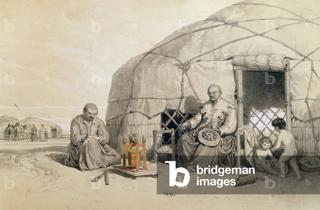 Kalmuks with a Prayer Wheel, Siberia, illustration from ' Voyage a la mer Caspienne' by Xavier Hommaire de Hell (1812-48) c.1850 (colour litho)