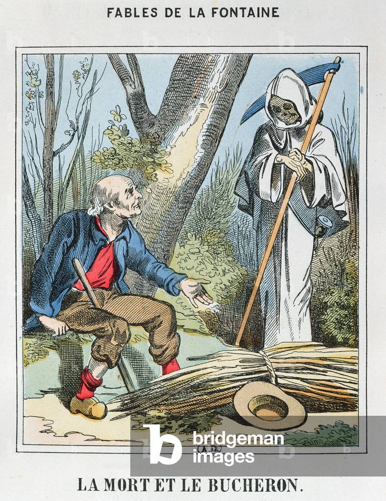 Death and the Woodman (coloured engraving)