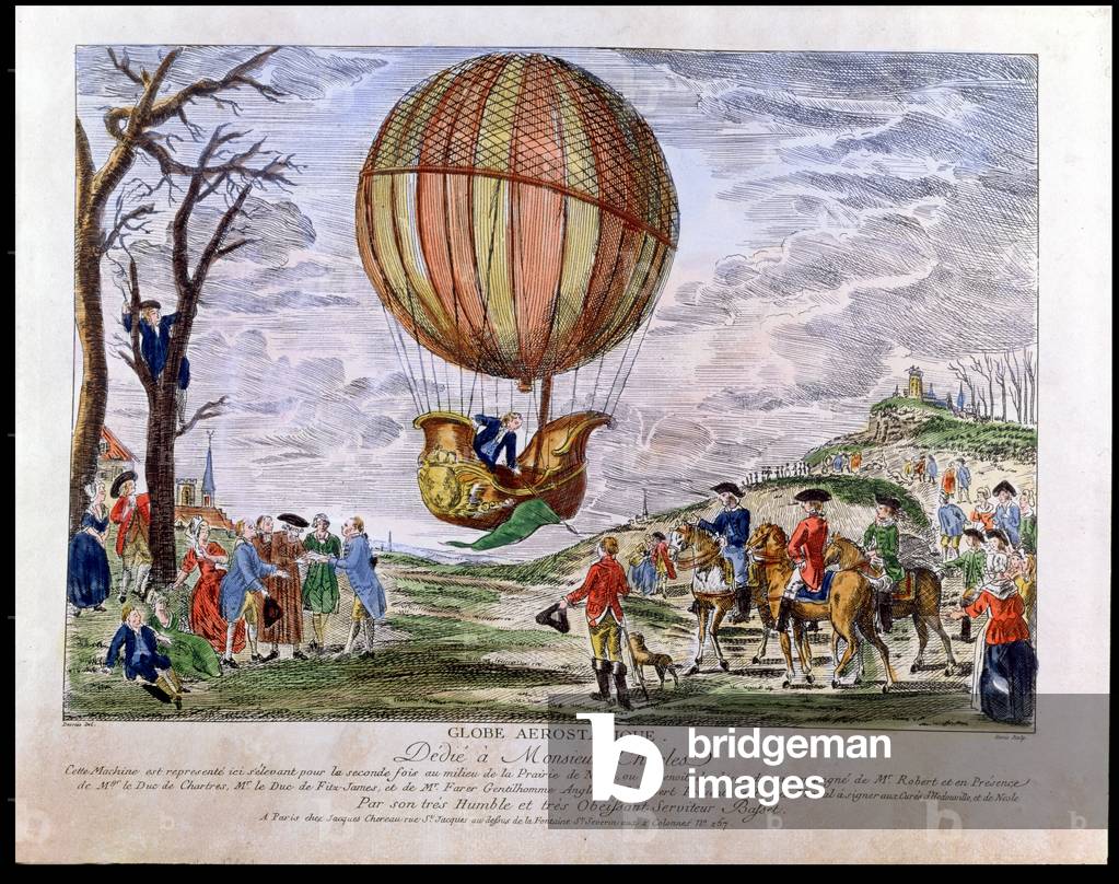 The Second Ascent in the Field of Nesle by Jacques Charles (1746-1823) on the 1st December, 1783 (coloured engraving)