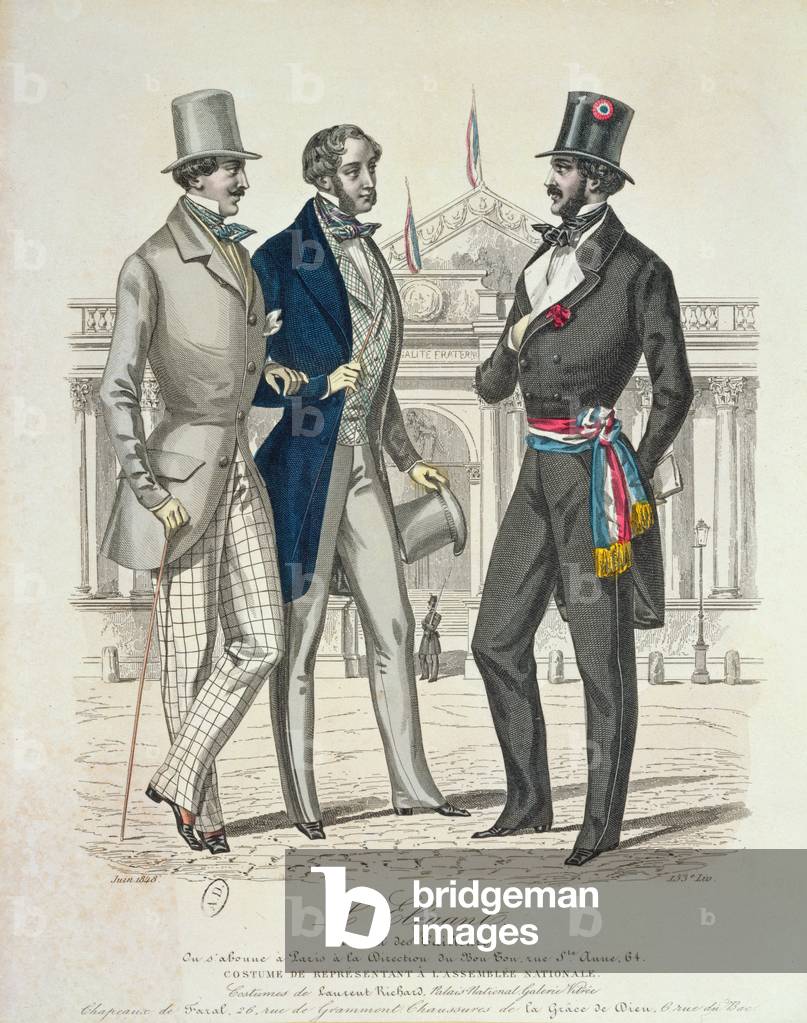 Costume of the Député, with the old National Assembly in the background, 1848 (colour litho)