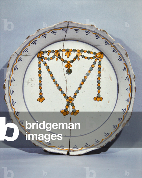 Plate with French Revolutionary motif commemorating the diamond necklace involved in the Affair of the 'Collier de la Reine'. c.1785-6 (faience)