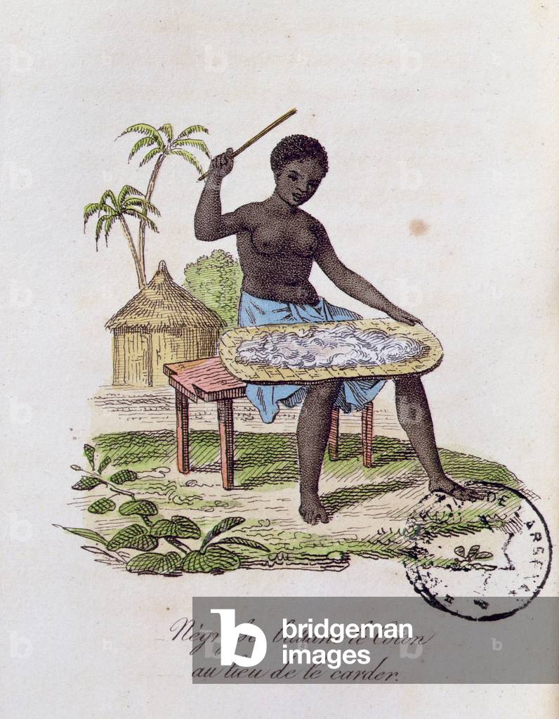 African woman beating cotton (coloured engraving)