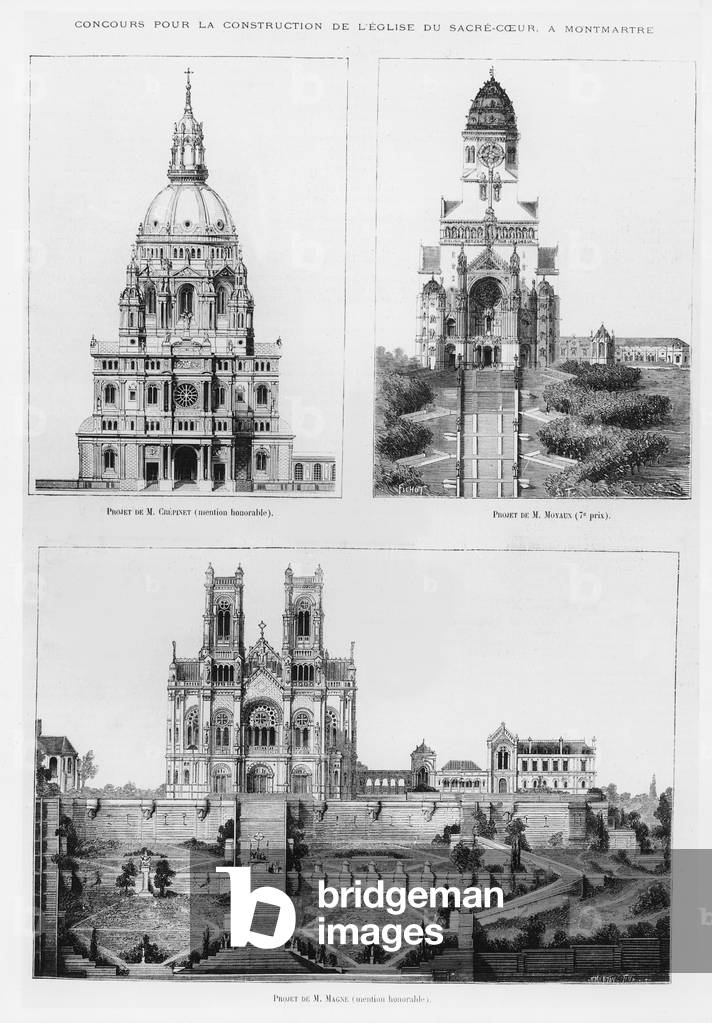 Competition for the construction of the Basilica of Sacré-Coeur in Montmartre, designs by Monsieur Crépinet, Monsieur Moyaux and Monsieur Magne, 1875 (litho)